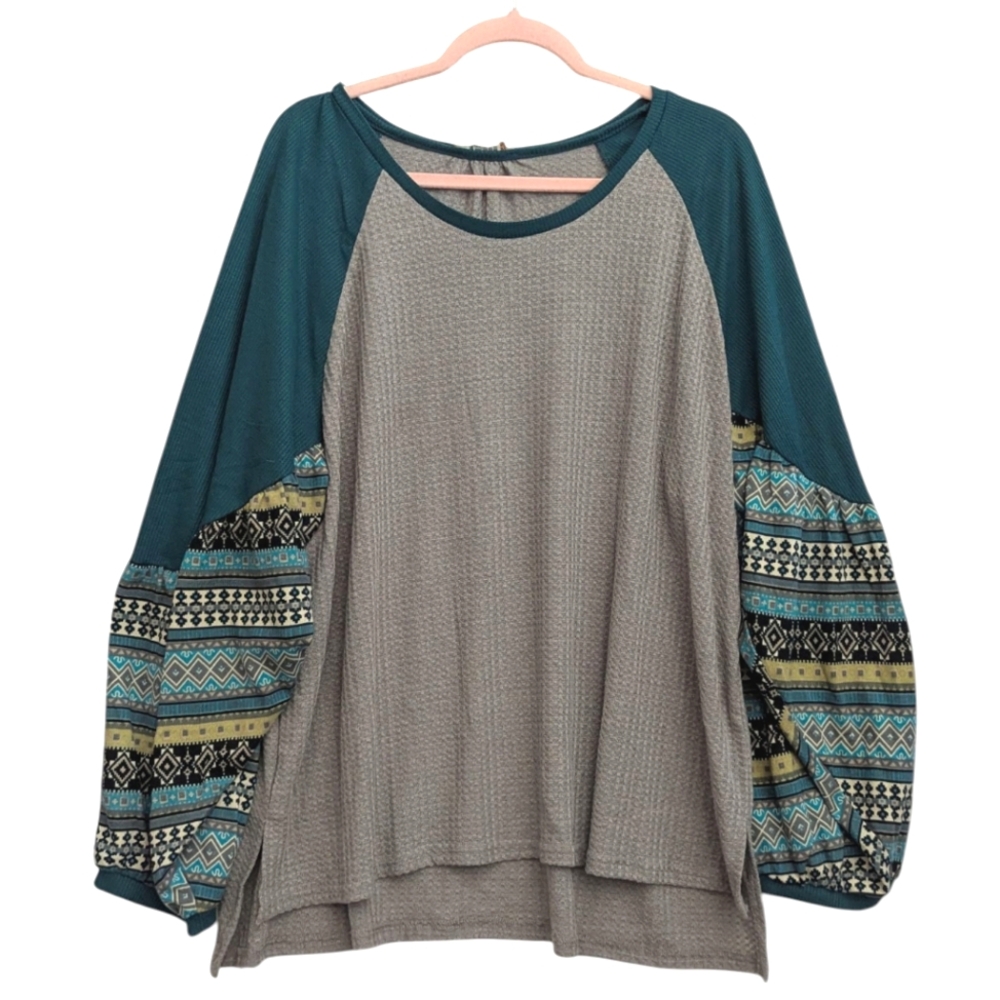 Umgee Gray waffle Knit Top Blue Floral Balloon Sleeves Women's Size 1XL